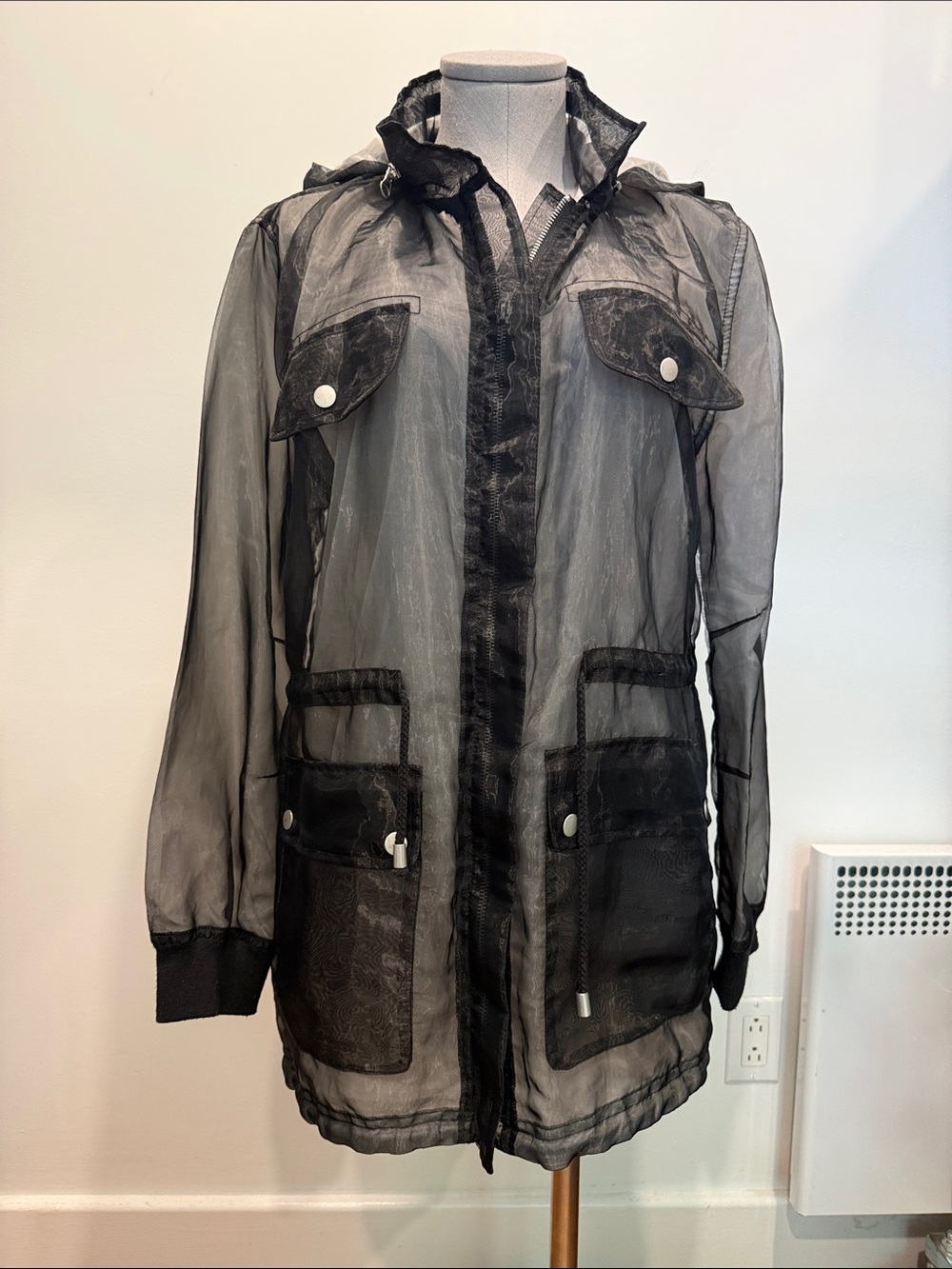 SFW (Suitable For Work) Sheer Black Hooded Utility Jacket | Size M